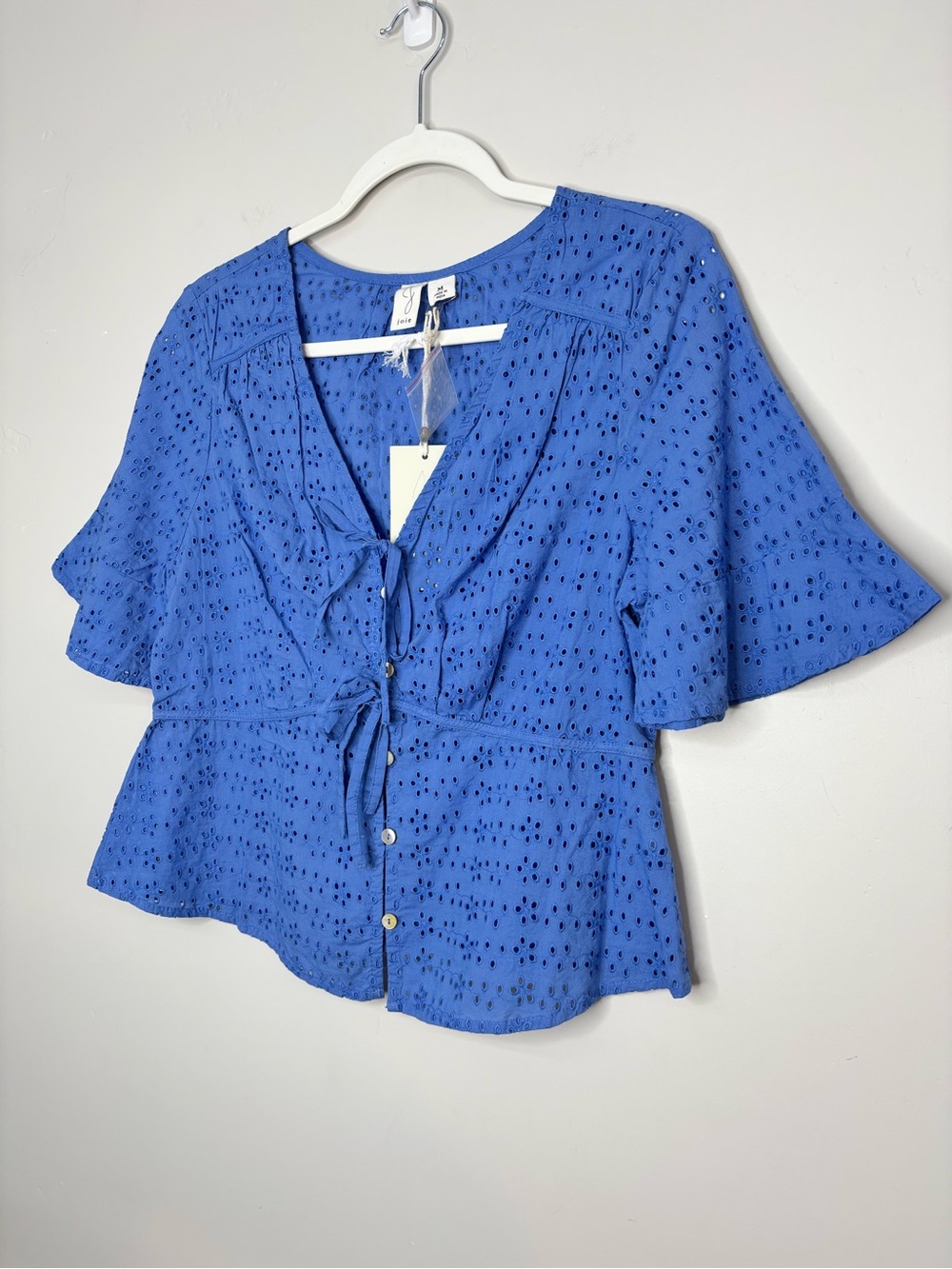 NWT Joie Blue Eyelet Cotton Peplum Tie Front Blouse Top Medium Periwinkle - Picture 2 of 8